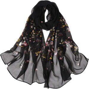 Women's Black Fashion Lightweight Head Scarf Floral Print Chiffon Scarves
